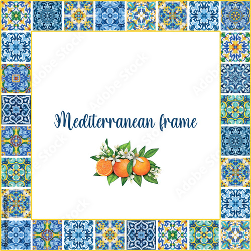 Watercolor mediterranean traditional tiles freame