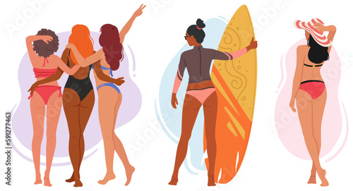 Women Characters In Swimsuits Standing On Beach View From Behind. The Image Captures The Beauty Of Female Body