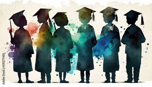 Group of little kids celebrating graduation day in watercolor