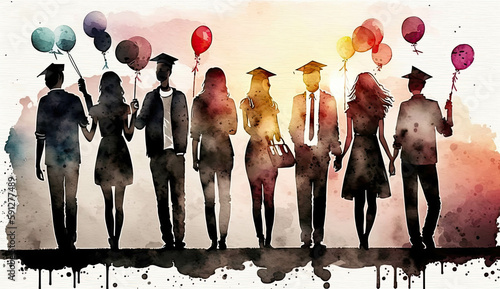 Group of students celebrating graduation day in watercolor