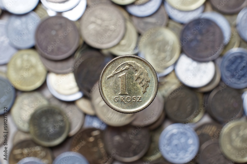 one grosz coin on blurred background, official currency of Poland one grosz coin on blurred background, official currency of Poland