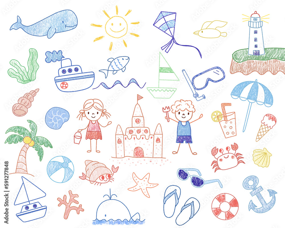 Set of summer beach elements in hand drawn doodle style. Hand drawn doodle summer elements. Summer beach hand drawn cartoon doodles. Set of summer beach elements in hand drawn doodle style. Hand drawn doodle summer elements. Summer beach hand drawn cartoon doodles.