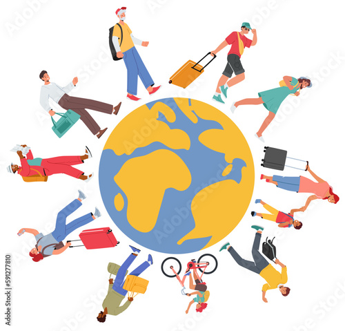 Tourist Character Of Different Ethnicities Walking Around The Earth Planet Symbolize Global Unity And Diversity