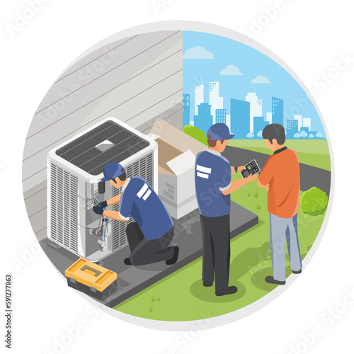 HVAC installation and maintenance Team house Service at home Heating Ventilation and Air Conditioning isometric isolated cartoon vector