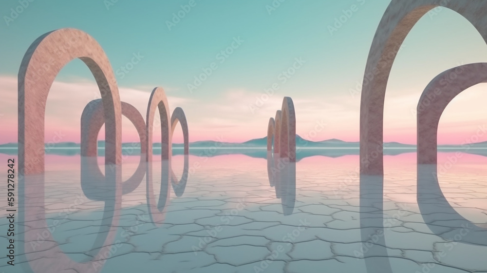 Fototapeta premium 3d surreal and odd, abstract Bonneville Salt Flats background. with geometric mirror arches, calm water and a pastel gradient sky. futuristic minimalist