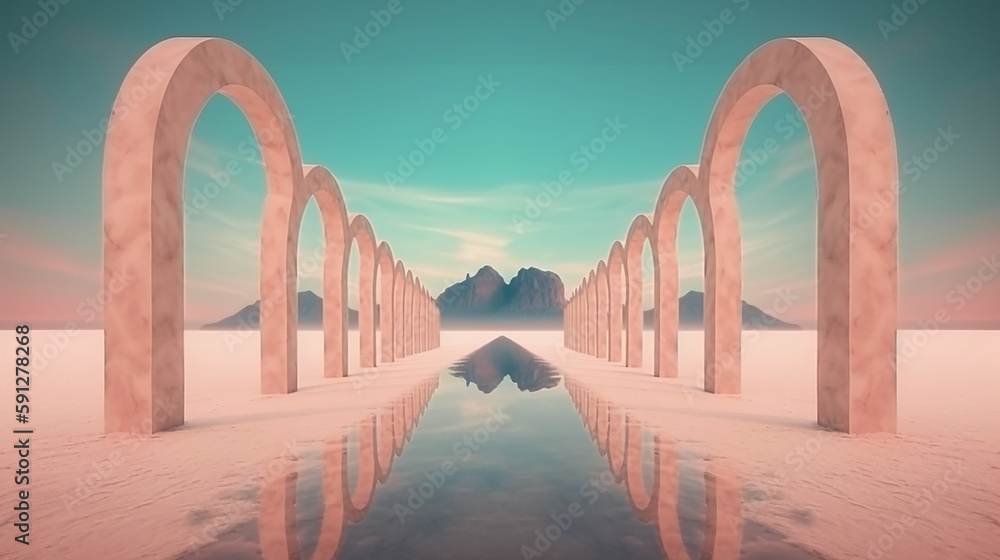 3d surreal and odd, abstract Bonneville Salt Flats background. with geometric mirror arches, calm water and a pastel gradient sky. futuristic minimalist