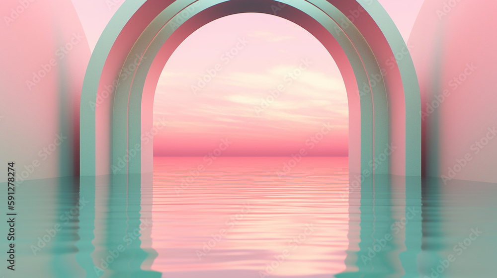 3d render, abstract zen seascape background. Nordic surreal scenery with geometric mirror arches, calm water and pastel gradient sky. Futuristic minimalist wallpaper