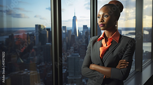  a fictional African American businesswoman looking out an office window, generative ai