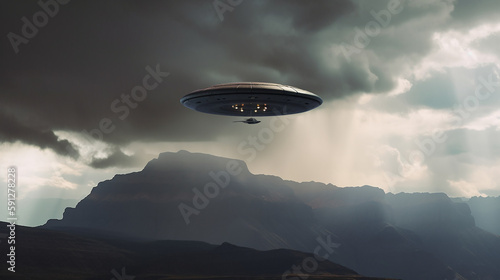 UFO UAP flying over the rocky mountains in a rainstorm