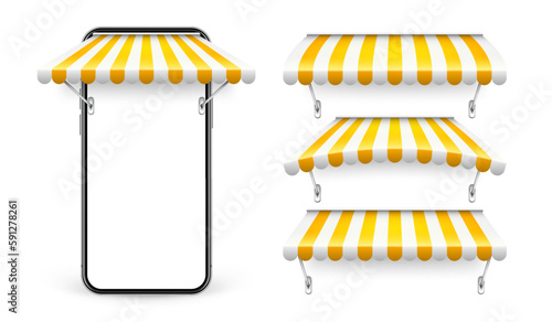 Smartphone with shop sunshade and metal mount, online internet shopping. Realistic yellow striped cafe awning. Outdoor market tent. Roof canopy. Summer street store. Vector illustration