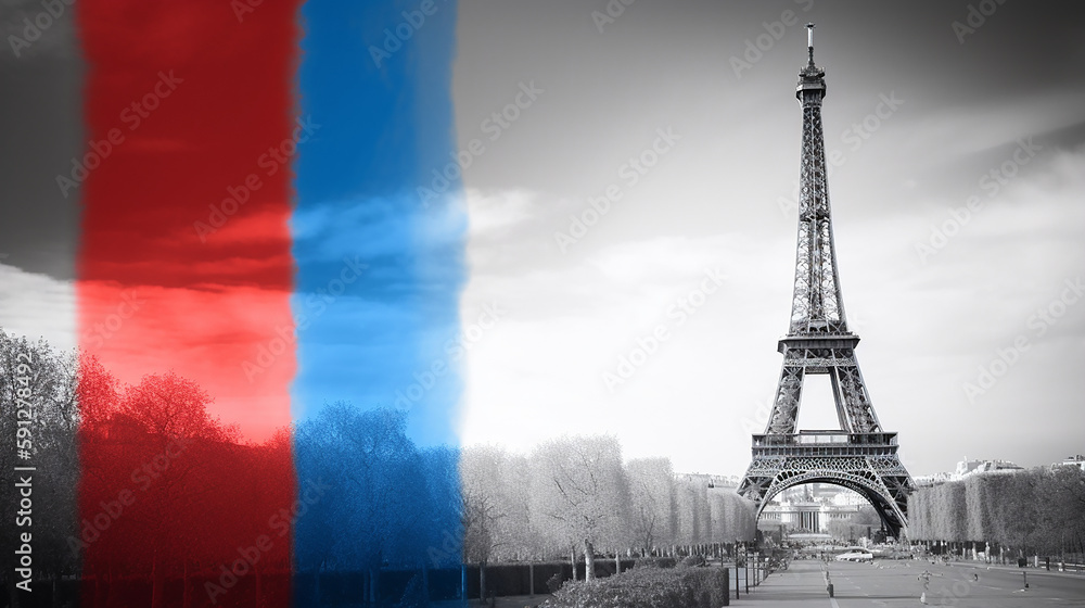 Eifel Tower and French flag colors, double exposure