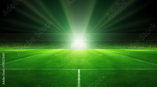 green soccer field, bright spotlights