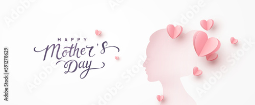 Mother's day greeting card. Woman silhouette with pink paper hearts. Vector festive mom postcard. Symbol of love mum and child on white background