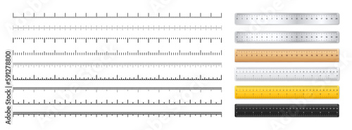 Realistic metal and plastic rulers. Measurement scales with divisions. Scale for measuring length or height in centimeters, inches. Ruler, tape measure marks, size indicators. Vector illustration