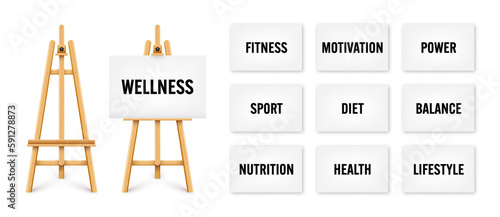 Realistic paint desk with text on white canvas. Wooden easel and a sheet of drawing paper. Presentation board on a tripod. Wellness, healthy lifestyle and motivation. Vector illustration