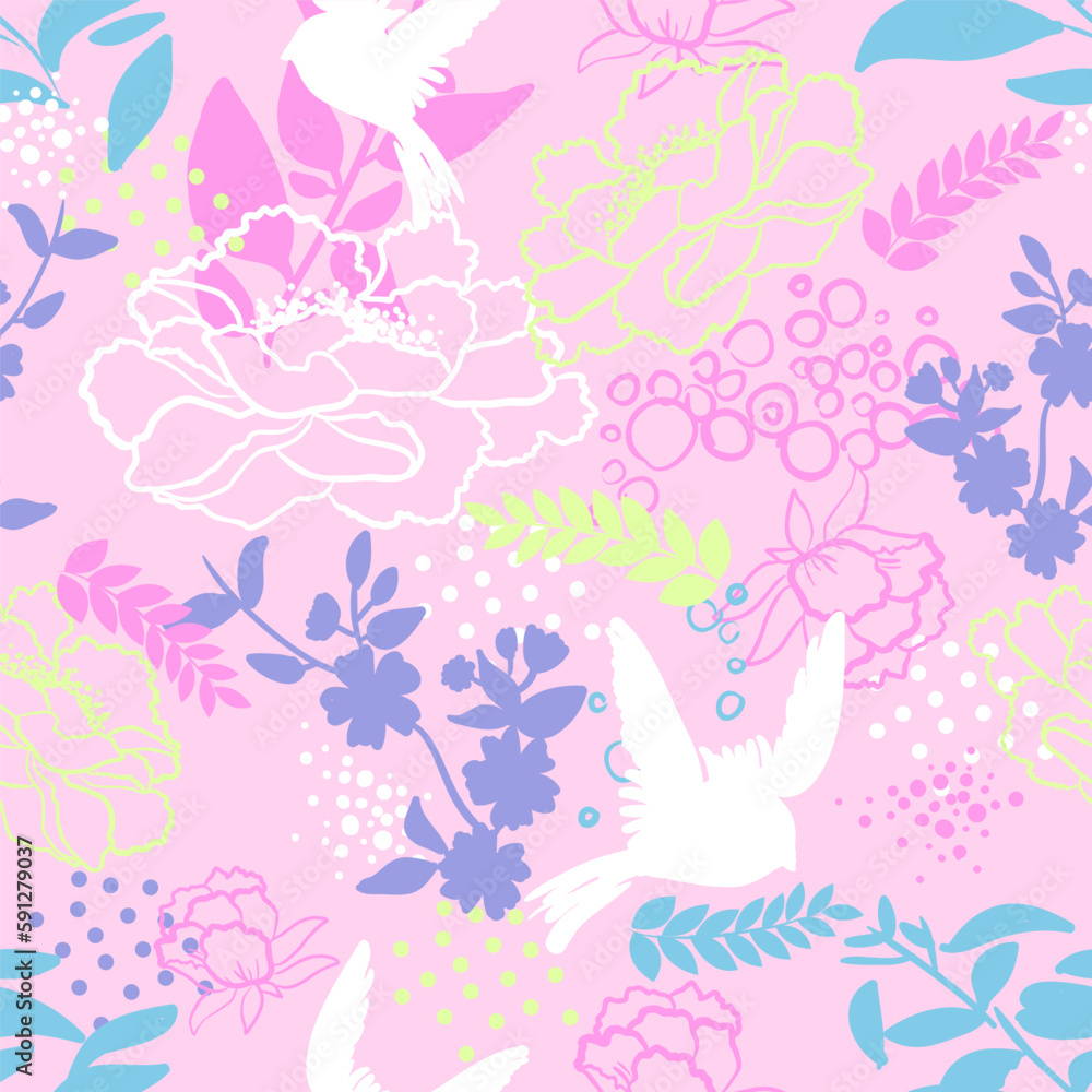 Vector seamless pattern for girls with birds, butterfly and flowers. Stylish graphic design. Fashion Girlish print.