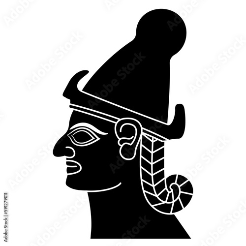 Head of ancient Mesopotamian man with a braid wearing hat. Ancient Syrian design from Karkemish. Black and white negative silhouette. Male portrait in profile.