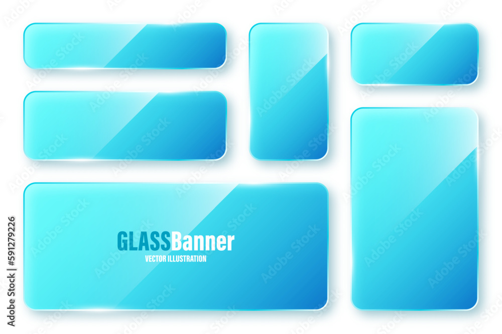 Realistic isolated glass frames collection. Blue transparent glass banners with flares and highlights. Glossy acrylic plate, element with light reflection and place for text. Vector illustration Realistic isolated glass frames collection. Blue transparent glass banners with flares and highlights. Glossy acrylic plate, element with light reflection and place for text. Vector illustration