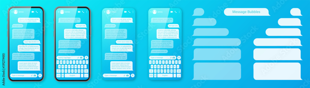 Realistic smartphone with messaging app on colorful blue background. Blank SMS text frame. Chat screen with transparent message bubbles. Social media application. Vector illustration
