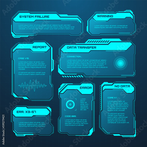 Blue futuristic HUD or UI elements. Sci-fi user interface text boxes, callouts. Warning message frames, information boxes template. Modern game interface layout in digital style. Vector illustration