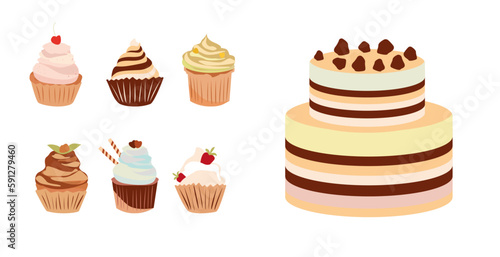 Cupcakes and cake vector set. Holiday cooking icons in a flat style for anniversaries, weddings, birthdays, parties. Sweet desserts: muffins, cupcake and cake with cream and décor.