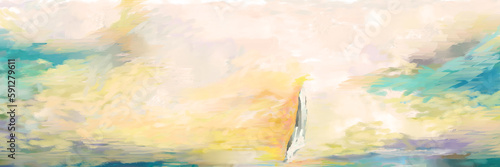Soft, Pastel, Impressionistic Sunset OR Sunrise Sailboat Offshore - Digital Painting, Illustration, Art, Artwork Background or Backdrop, or Wallpaper