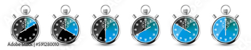 Realistic classic stopwatch. Shiny metal chronometer, time counter with dial. Blue countdown timer showing minutes and seconds. Time measurement for sport, start and finish. Vector illustration