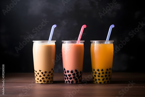 Set of three drinking glasses with straws with Taiwanese bubble or boba tea from vegan milk and agava sypur with different flavors isolated on dark background. Generative AI