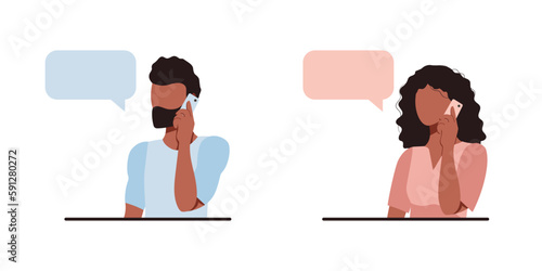 Person speak on smartphone. Tanned man and woman avatars for support, assistance, call center. Personal assistant. Vector flat illustration