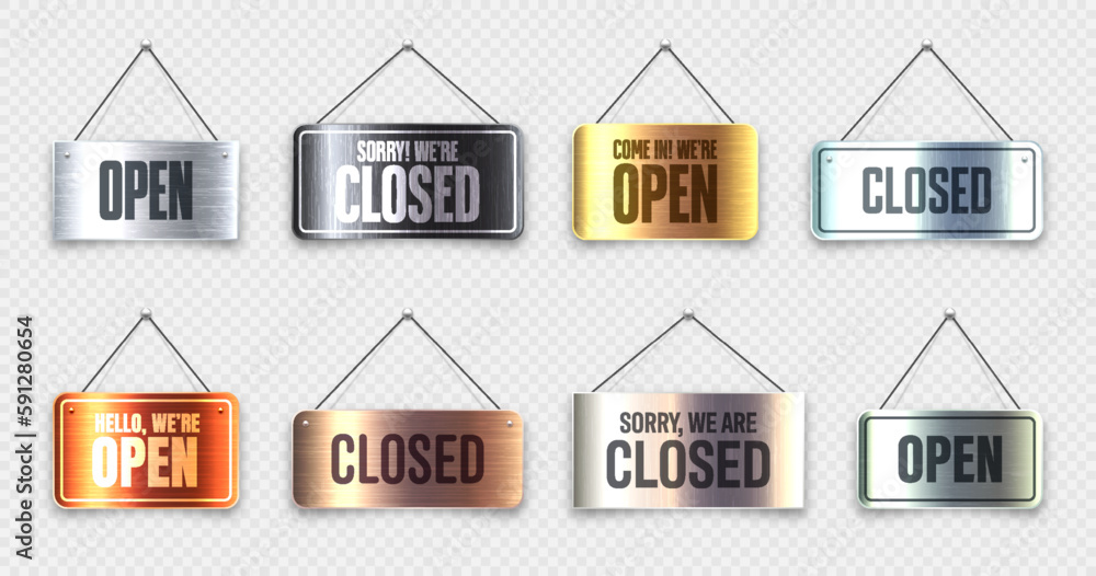 Brushed metal Open and Closed hanging signboards. Vintage door sign for ...