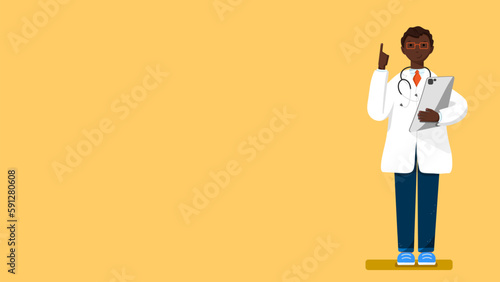 Doctor african cartoon character in full length holding a clipboard. Clip-art isolated on yellow background. Professional advice. medical concept