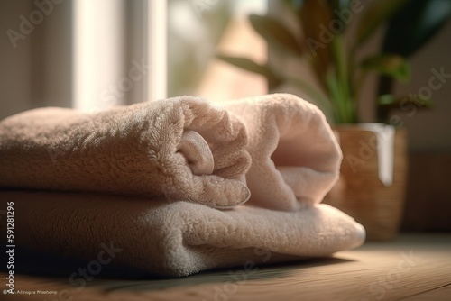 Stack of towels on shelf in bathroom. Toned image with selective focus. clean, soft and scented laundry photo