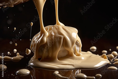 tasty caramel syrup or sauce dropping on delicious chocolate pralines, generative AI