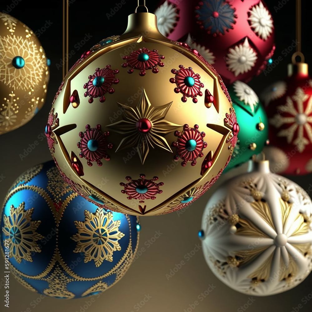 beautiful glitter and sparkle christmas balls hanging from gold ribbons, generative AI