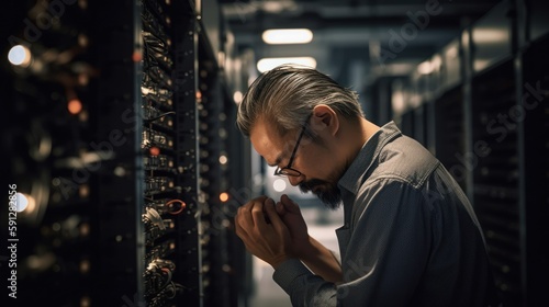 The Holy Data Center: IT staff praying for reliable systems and connections, generative ai