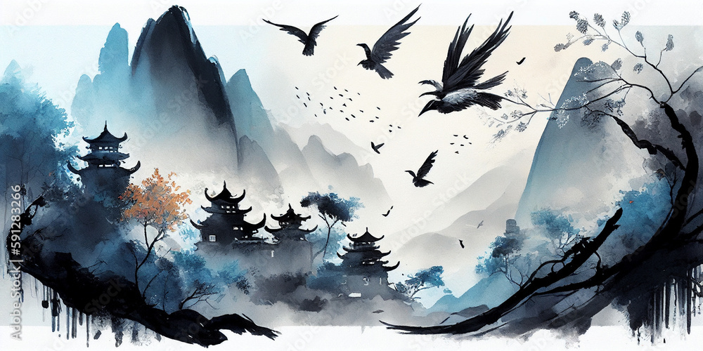 illustration of birds flying high over a countryside Generative AI
