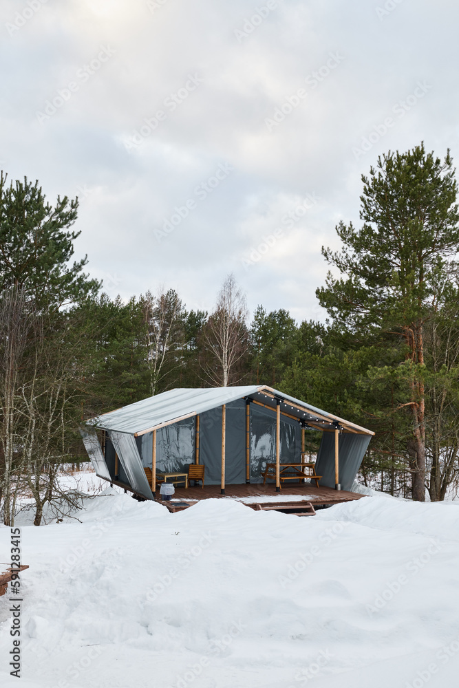 Photos of beautiful glamping in the winter forest Photos of beautiful glamping in the winter forest