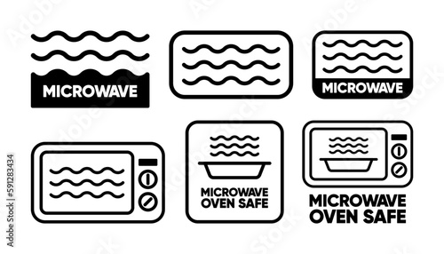Microwaves flat linear icons. Labels for the safety of using cookware in a microwave oven. Safe microwave cooking. Vector illustration.