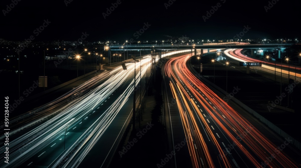 Night Rush: Long Exposure Highway Stock Photo. AI generated