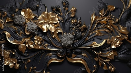 Fractal flowers golden and black liquid marble background. Generative ai