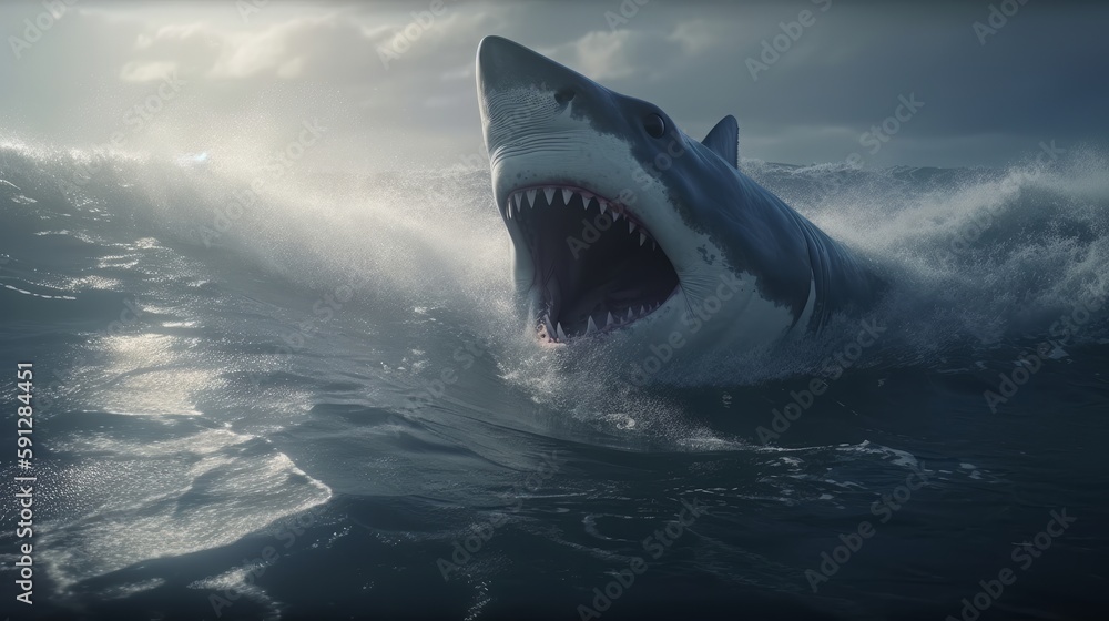 Shark with big teeth and open mouth attacks surfers created with