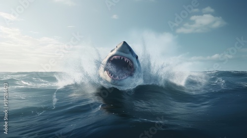 Shark with big teeth and open mouth attacks surfers created with generative AI technology