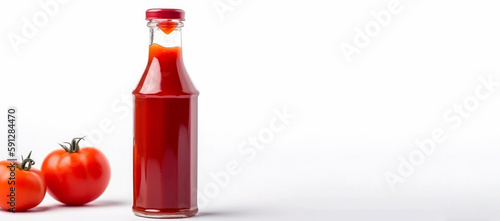 Tomato juice in a glass bottle on a white background with copy space