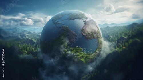 Green Oasis. Stylized earth globe with a green forest background. The concept of the earth as an oasis in space and the importance of preserving its natural resources. Generative ai © cac_tus