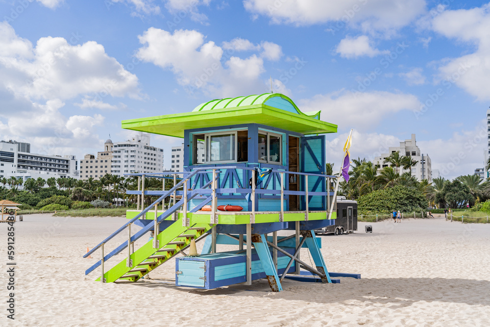 Miami Beach, USA - December 4, 2022. View of classic art deco lifeguard tower in South Miami Beach
