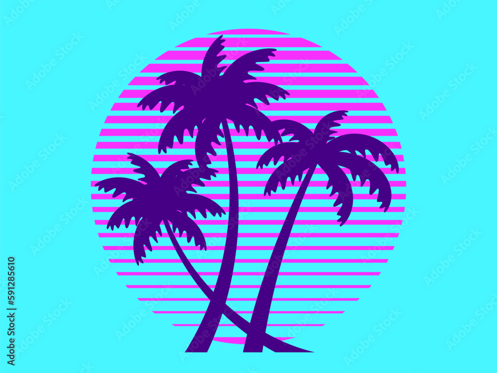 Sunset with palm trees in 80s style. Summer party. Retro futuristic sun with outline palm trees in synthwave style. Design for printing advertising brochures, banners and posters. Vector illustration