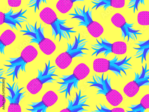 Pink pineapple with blue foliage pop art style. Seamless pattern with pineapples in retro style. Summer fruit pattern. Tropical background for T-shirt  print on paper and fabric. Vector illustration