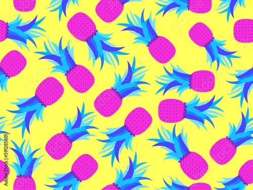 Pink pineapple with blue foliage pop art style. Seamless pattern with pineapples in retro style. Summer fruit pattern. Tropical background for T-shirt, print on paper and fabric. Vector illustration