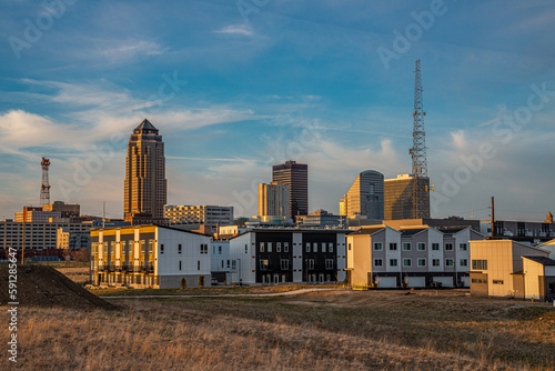 Iowa Des Moines City Downtown Sunset Landscape from Gray's Lake