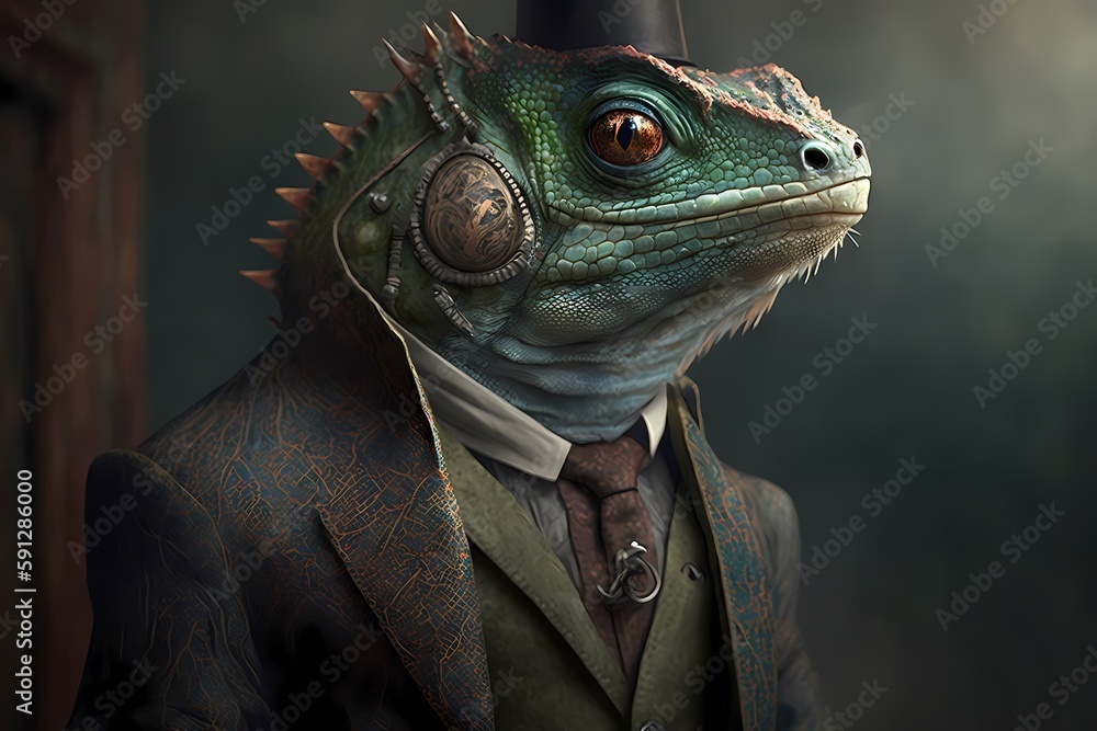 Portrait of a Chameleon dressed in a suit - Generative AI Portrait of a Chameleon dressed in a suit - Generative AI